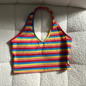i am selling a halter top thats blue, yellow, pink and red striped.